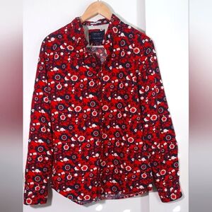 Cactus Man Adult Medium Red/Blue/White Flowers Button Down Long Sleeve.